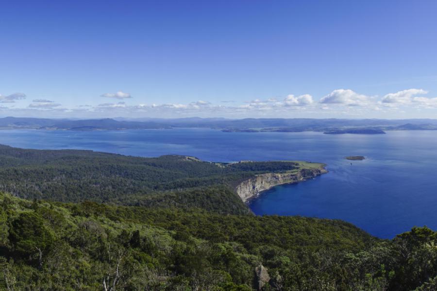 Looking north to Freycinet Peninsular from atop Mt Bishop and Clerk, Maria Island